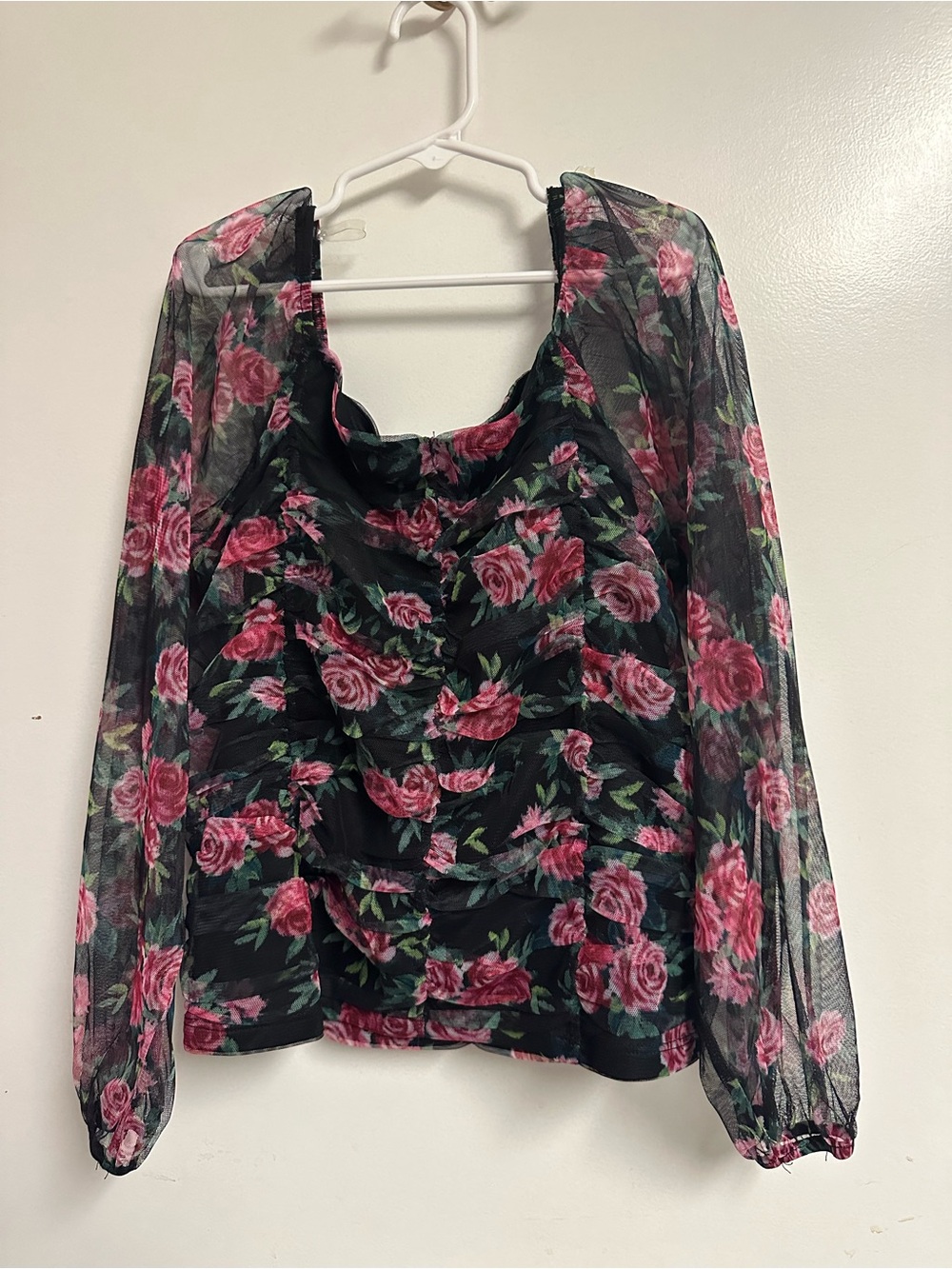 Girls art class Black Sheer Floral Long-Sleeve Blouse with Pink Roses